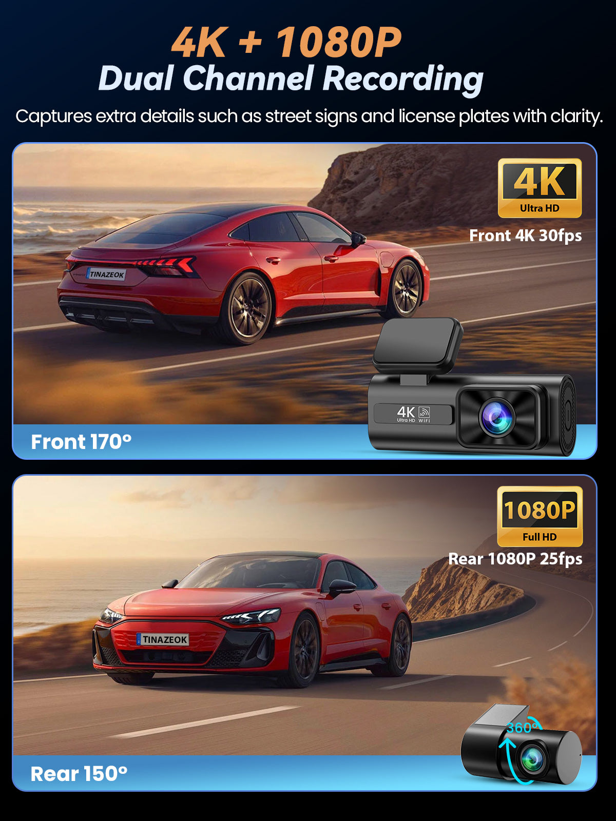 C3 4K+1080P Dash Cam Front and Rear with 5G WiFi