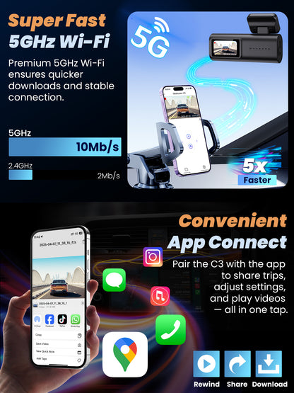 C3 4K+1080P Dash Cam Front and Rear with 5G WiFi