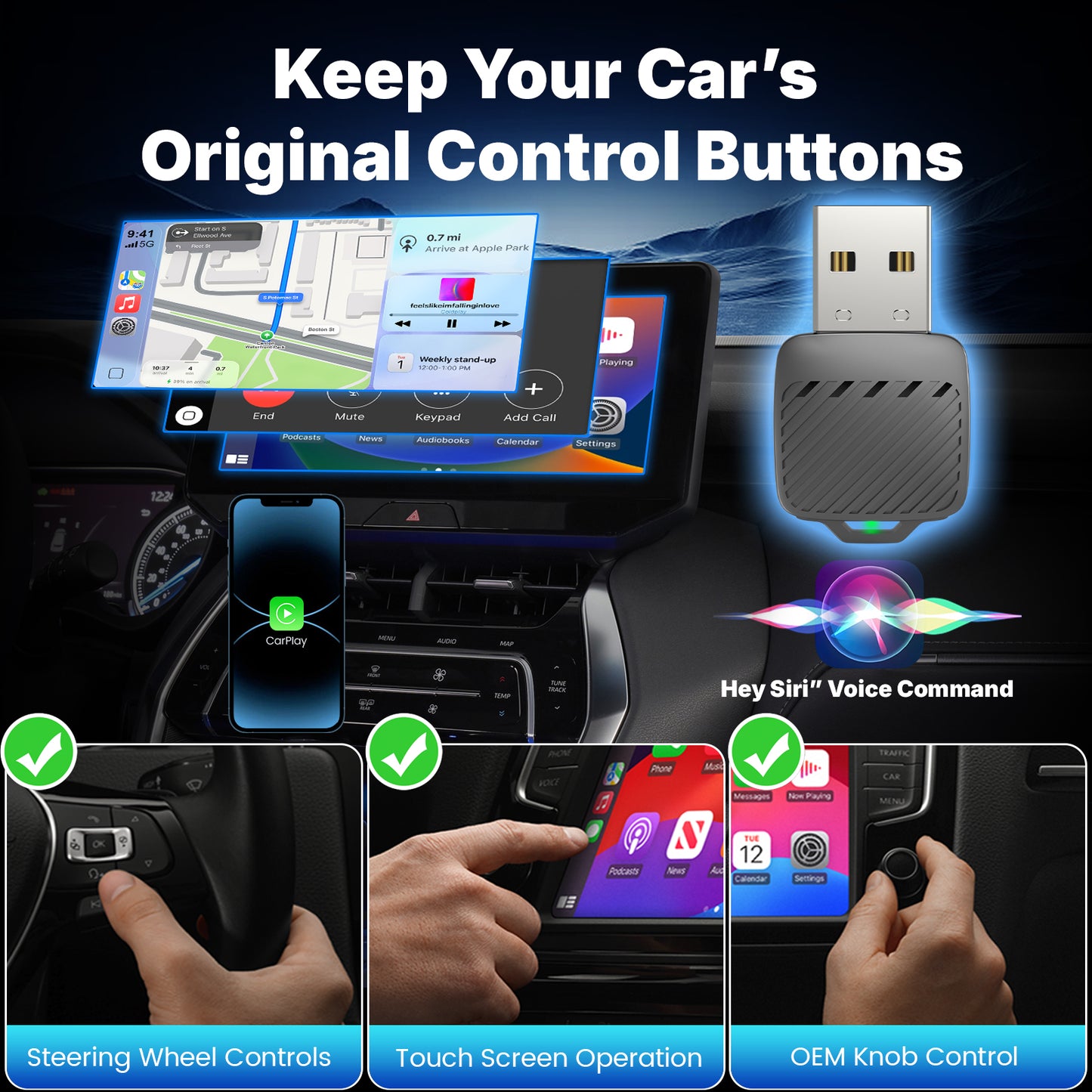 A1 Wireless CarPlay Adapter, Key-Shaped Design