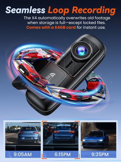 X4 4K+1080P Dash Cam Front and Rear with 5G WiFi