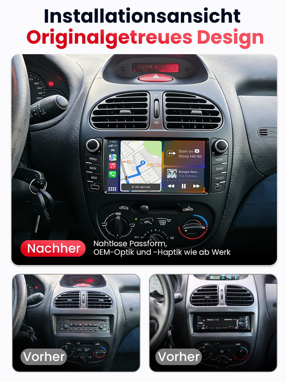 Car Stereo with Apple CarPlay & Android Auto for 1998-2009 Peugeot 206 (Model: 7750B-BQ20-PEUGEOT-206)