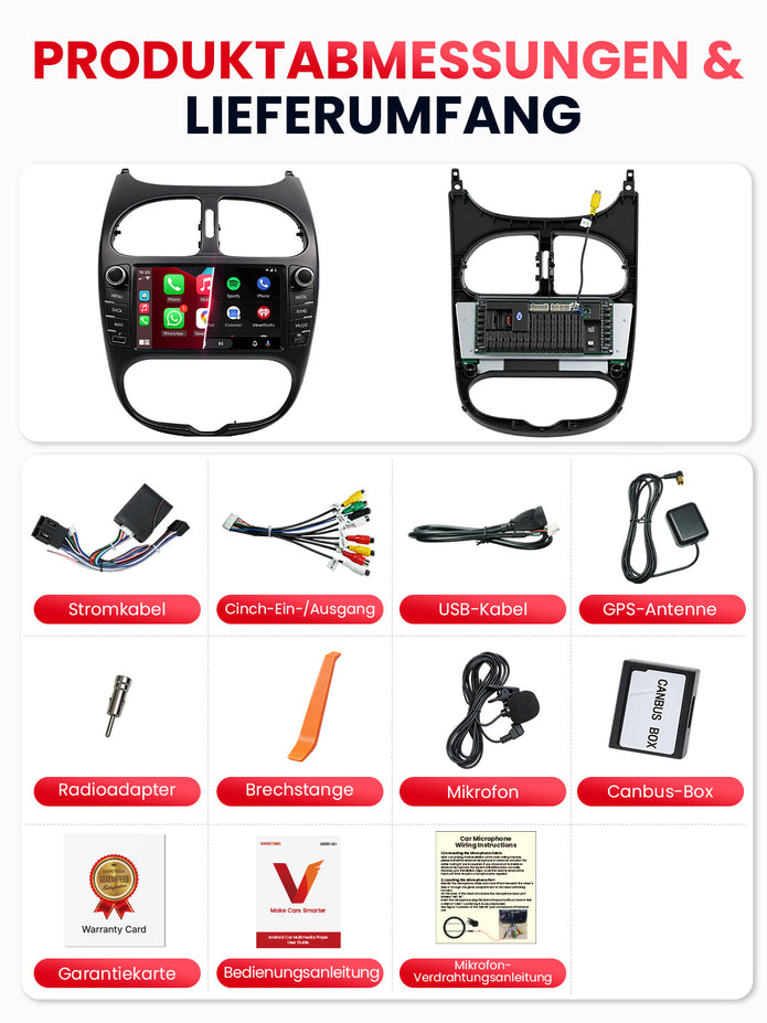 Car Stereo with Apple CarPlay & Android Auto for 1998-2009 Peugeot 206 (Model: 7750B-BQ20-PEUGEOT-206)