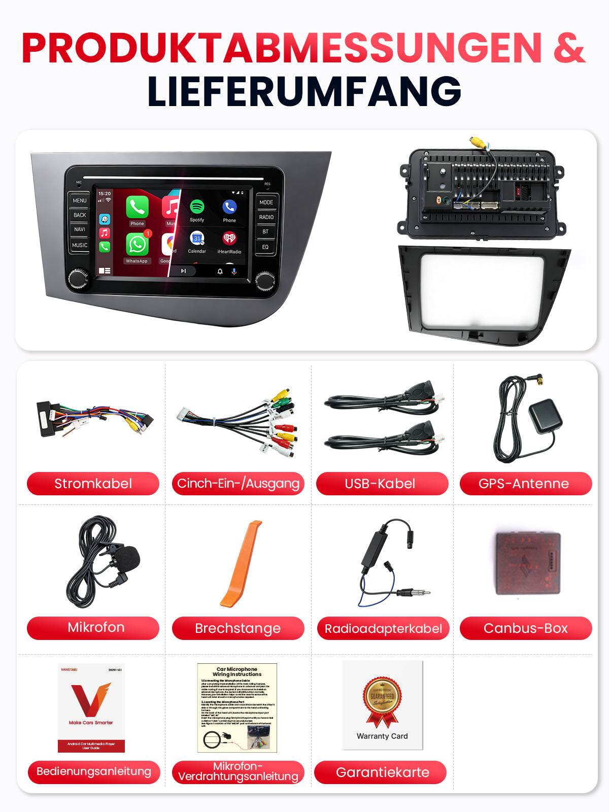 Car Stereo with Apple CarPlay & Android Auto for 2005-2012 SEAT Leon (Model: 7773B-LEON-BQ20-SEAT)