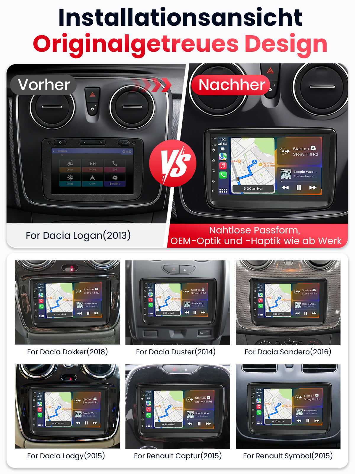 Car Stereo with Apple CarPlay & Android Auto for 2012-2021 Dacia (Model: CF7730-BQ20-DACIA)