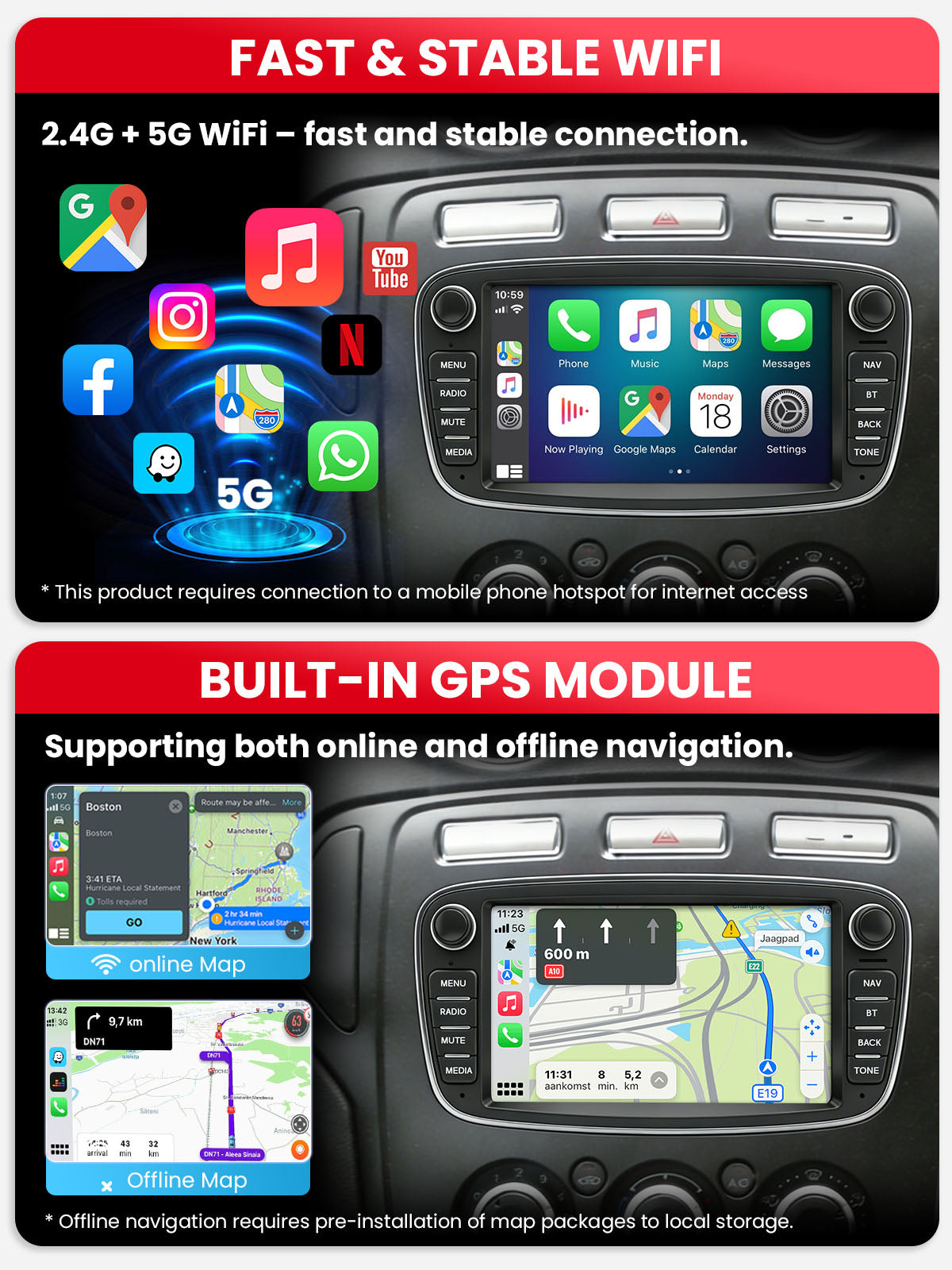 Car Stereo with Apple CarPlay & Android Auto for 2005-2013 Ford (Model: G7230-BQ20-FORD)