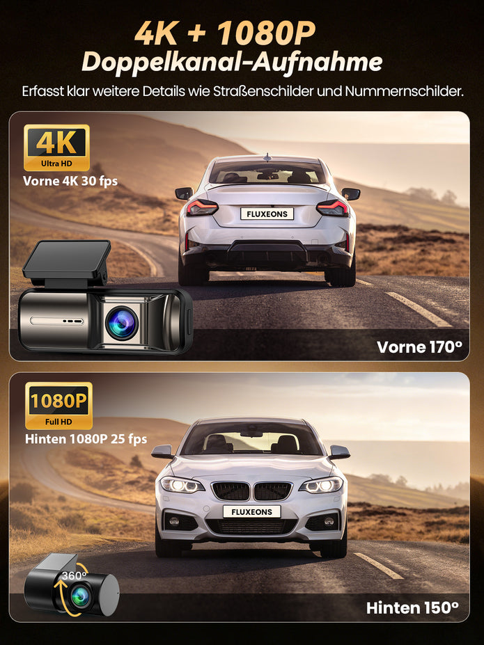 X3 4K+1080P Dash Cam Front and Rear, 5G WiFi, Metallic Gold