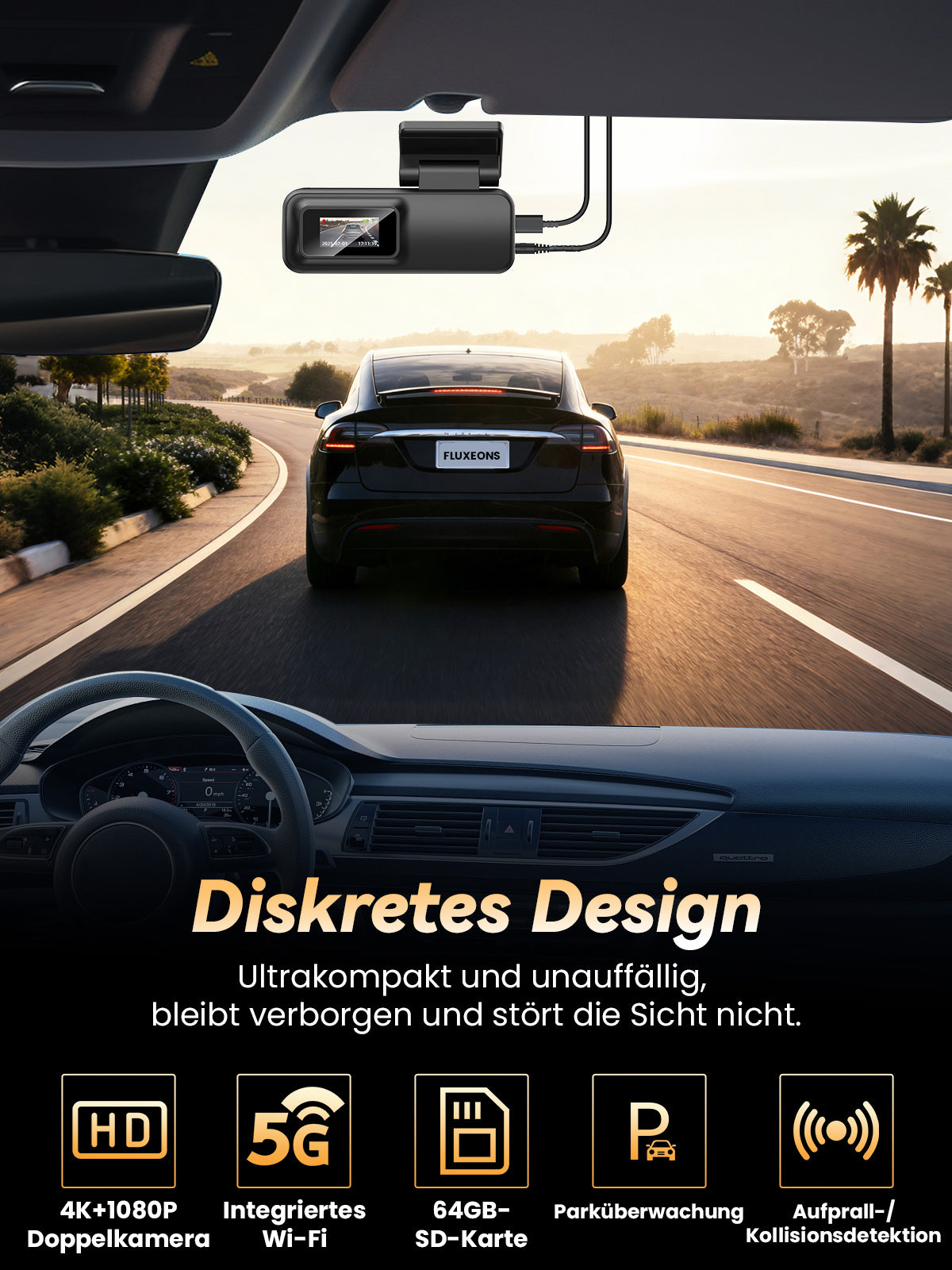 X3 4K+1080P Dash Cam Front and Rear, 5G WiFi, Metallic Gold