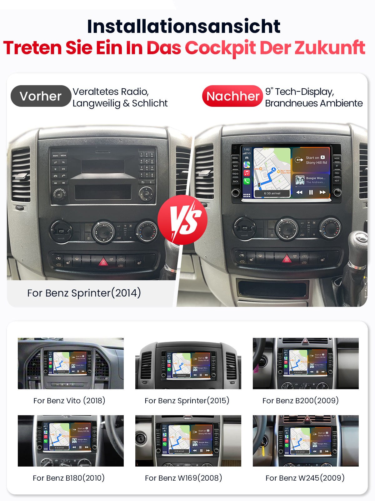 Car Stereo with Apple CarPlay & Android Auto for Mercedes-Benz A-Class(W169), B-Class(W245), Sprinter(W906) (Model: XT04-BQ20-MB-B)