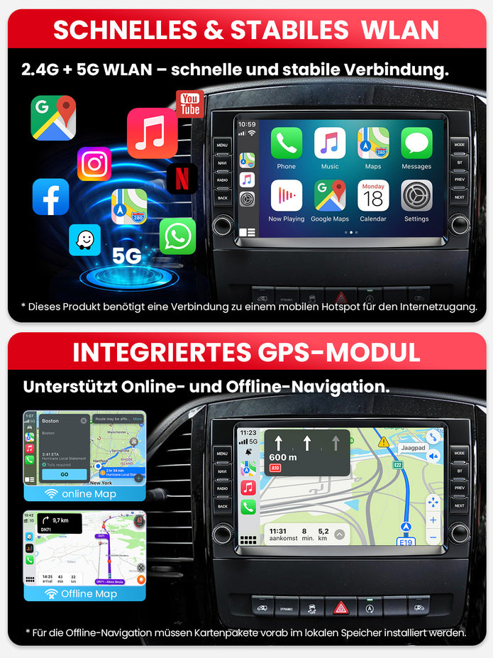 Car Stereo with Apple CarPlay & Android Auto for Mercedes-Benz A-Class(W169), B-Class(W245), Sprinter(W906) (Model: XT04-BQ20-MB-B)