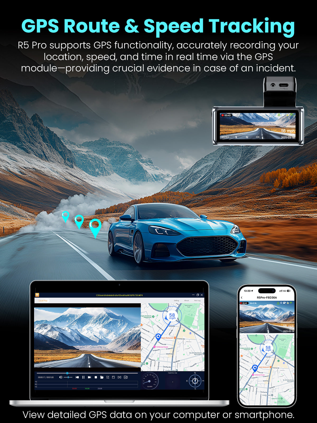 R5 Pro 4K+2.5K Dash Cam with 5G WiFi & GPS